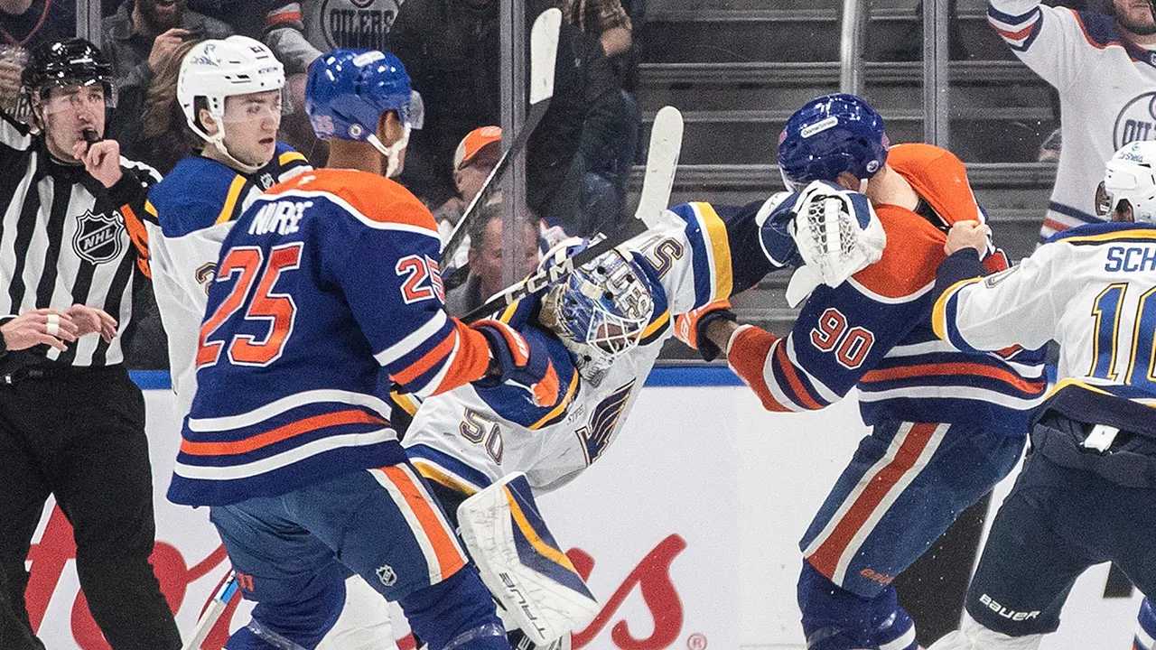 Blues’ Jordan Binnington gets into scrap with Oilers’ Corey Perry early in crucial game