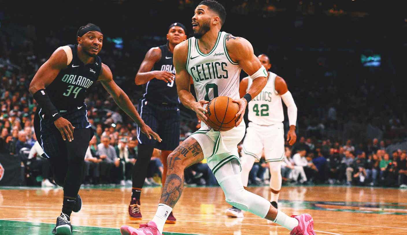 Jayson Tatum stays in after hard fall as Celtics close out Magic in Game 1