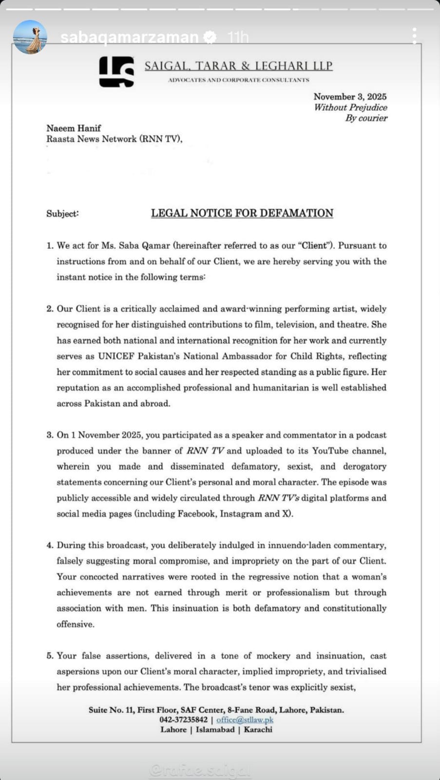 Saba Qamar Sends Rs100 Million Defamation Notice To Journalist Over Defamatory Remarks