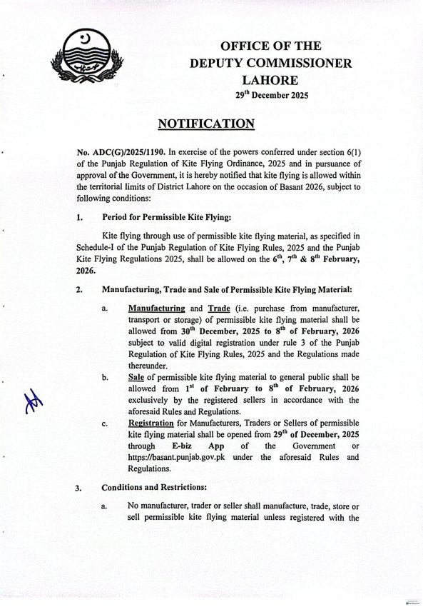 Lahore Basant 2026 Notification Released