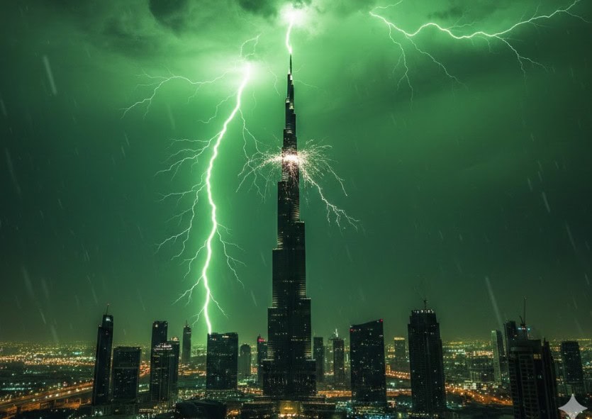 Lightning Strikes Burj Khalifa In Rare Green Sky Storm Video