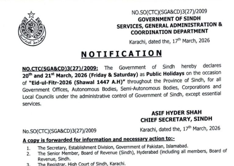Sindh Eid Ul Fitr 2026 Holidays Notification