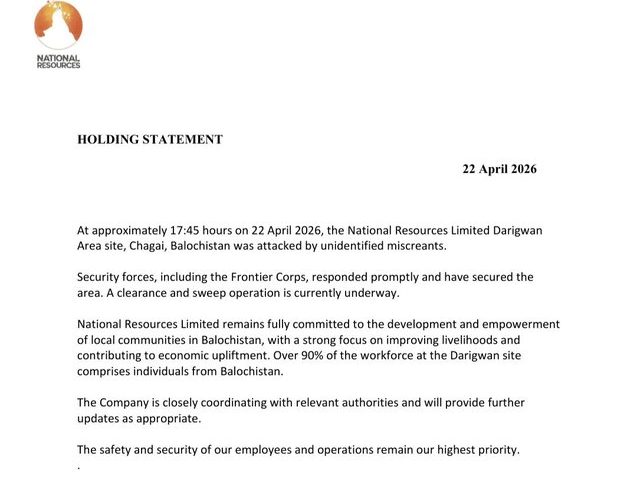 National Resources Limited Site Comes Under Attack In Balochistans Chagai