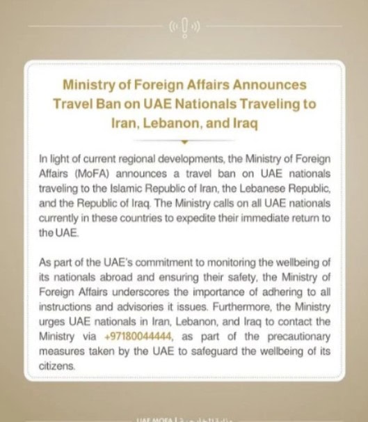 Uae Shares New Advisory Restricting Citizens Travel To Iran Lebanon And Iraq
