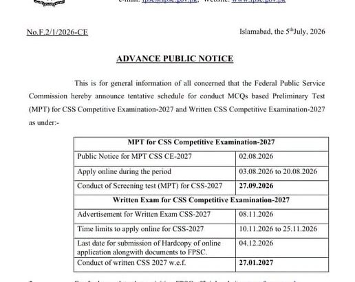 CSS 2027 MPT, Registration and Written Exam announced by FPSC; full details here