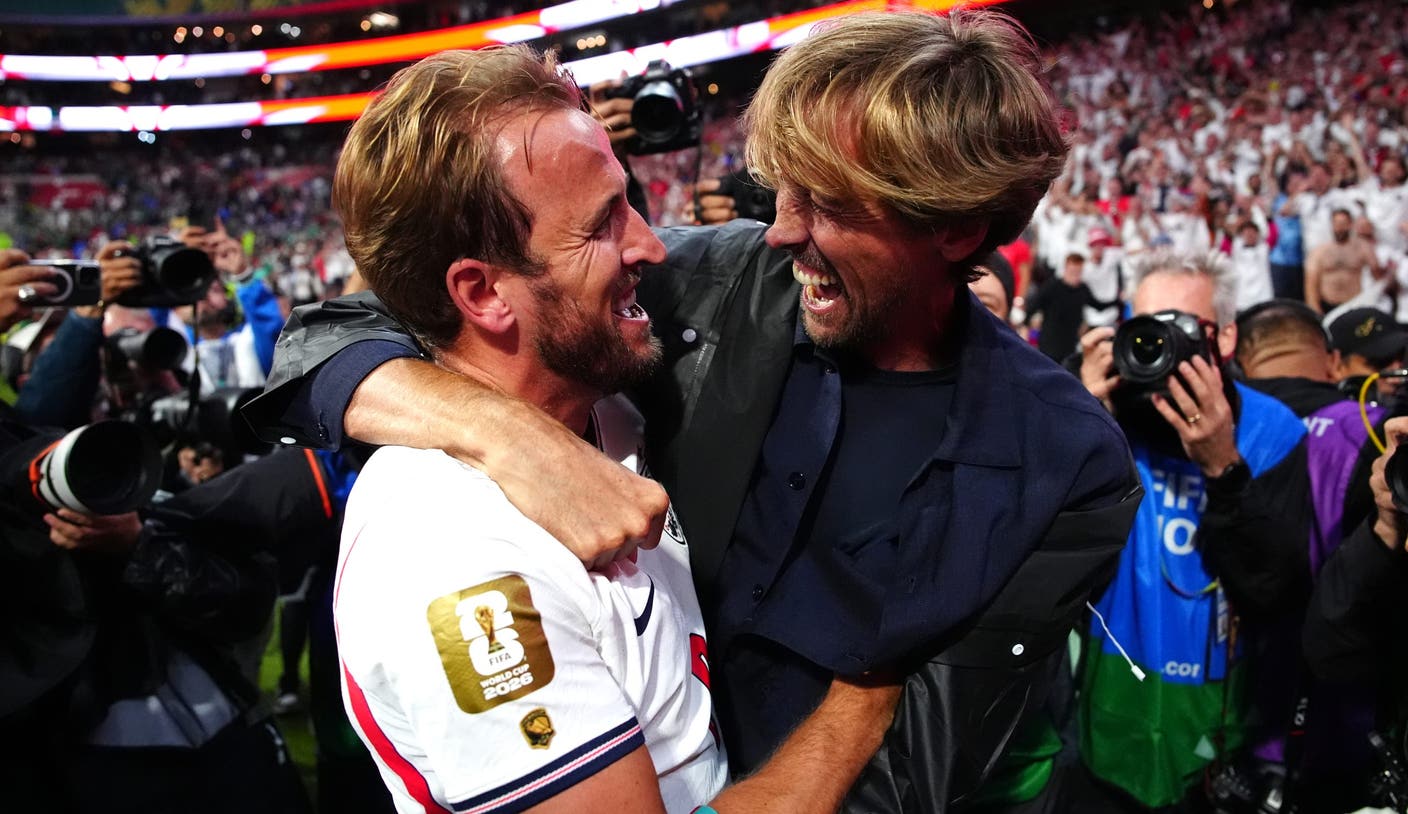 Harry Kane Presents Peter Crouch England Legacy Cap During Visit To Three Lions Camp