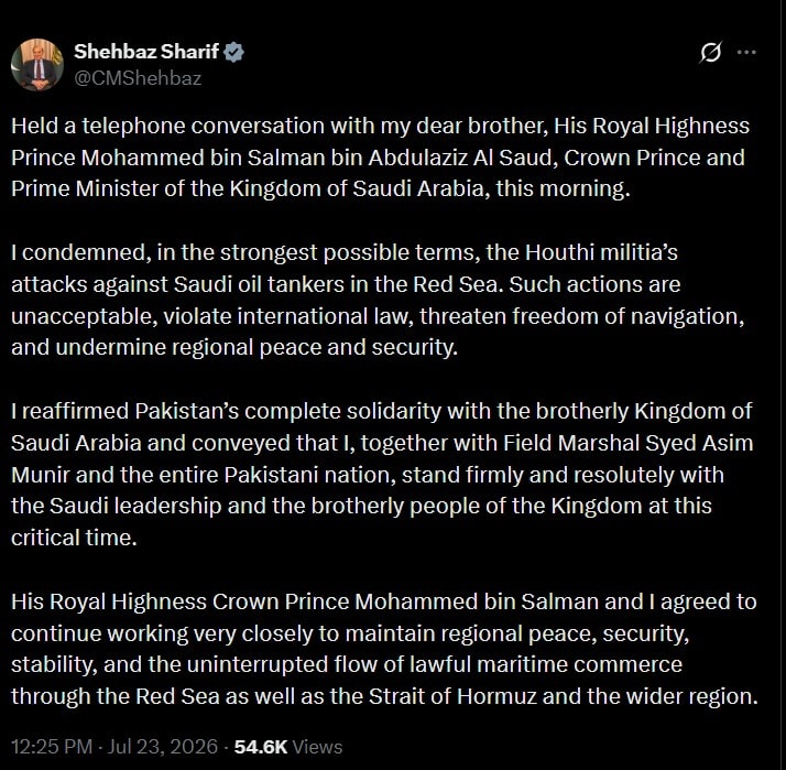 In Call With Mbs Pakistan Pm Pledges Close Coordination With Saudi Arabia After Houthi Attacks