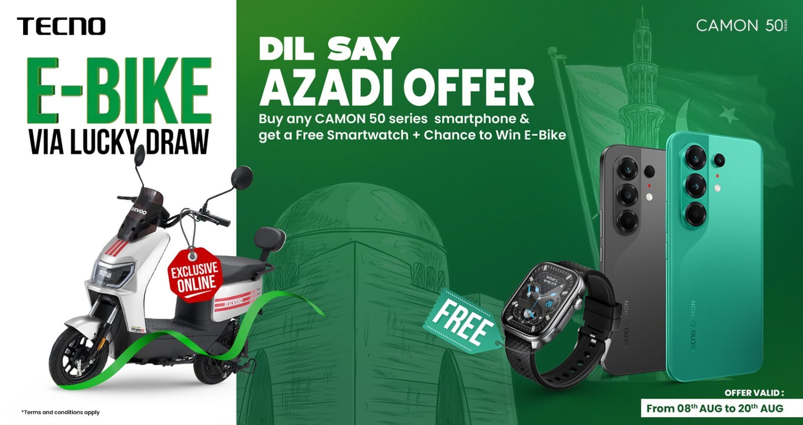 Celebrate Independence Day With Tecno Get A Free Smartwatch Worth Pkr 10000 Win A Revoo Y06 Electric Bike