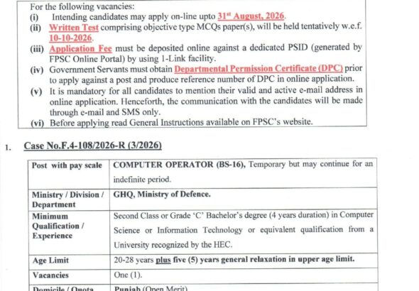 Fpsc Jobs August 2026 Teacher Nurse Medical Engineer Fia Vacancies Apply Online