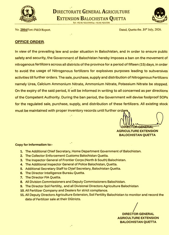 Nitrogen Based Fertilizers Restricted For 2 Weeks In Balochistan Amid Security Threats