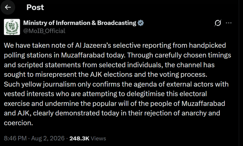 Pakistan Says Al Jazeeras Yellow Journalism Twisted Azad Kashmir Elections Reality