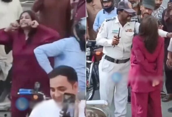 Watch Karachi Woman Blocks Traffic Damages Vehicles After Car Rickshaw Collision